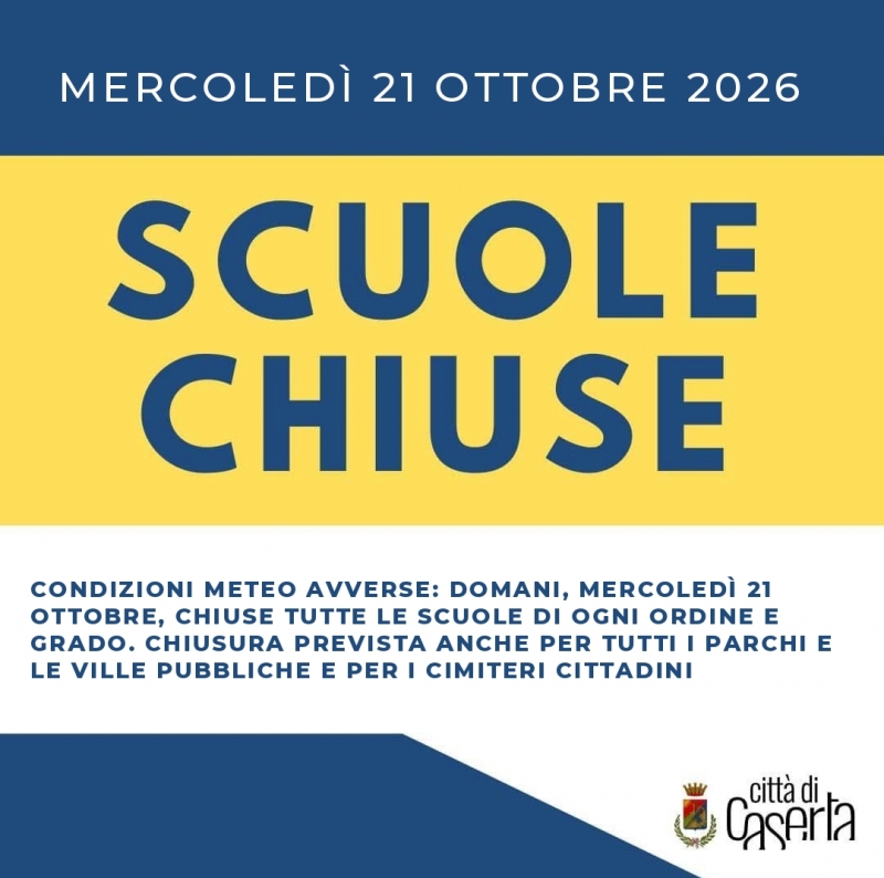 Chiusura delle scuole, dei cimiteri comunali, dei parchi e delle ville pubbliche e dei sottopassaggi cittadini per la giornata di mercoled� 21 ottobre 2026 in conseguenza dell�allerta meteo arancione